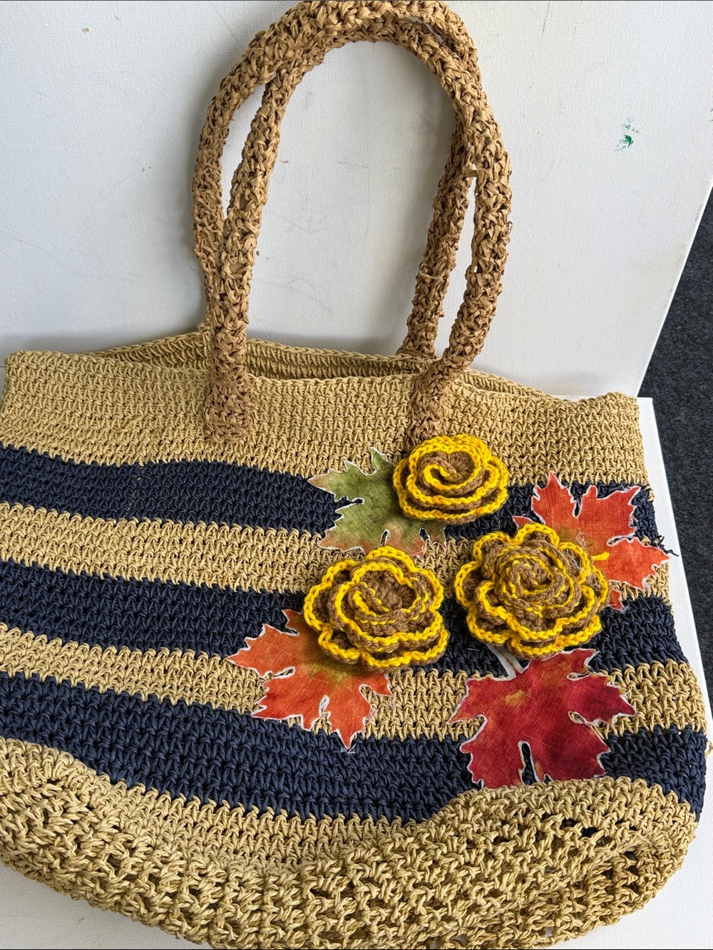Striped Straw Tote with Yellow Flower Accents